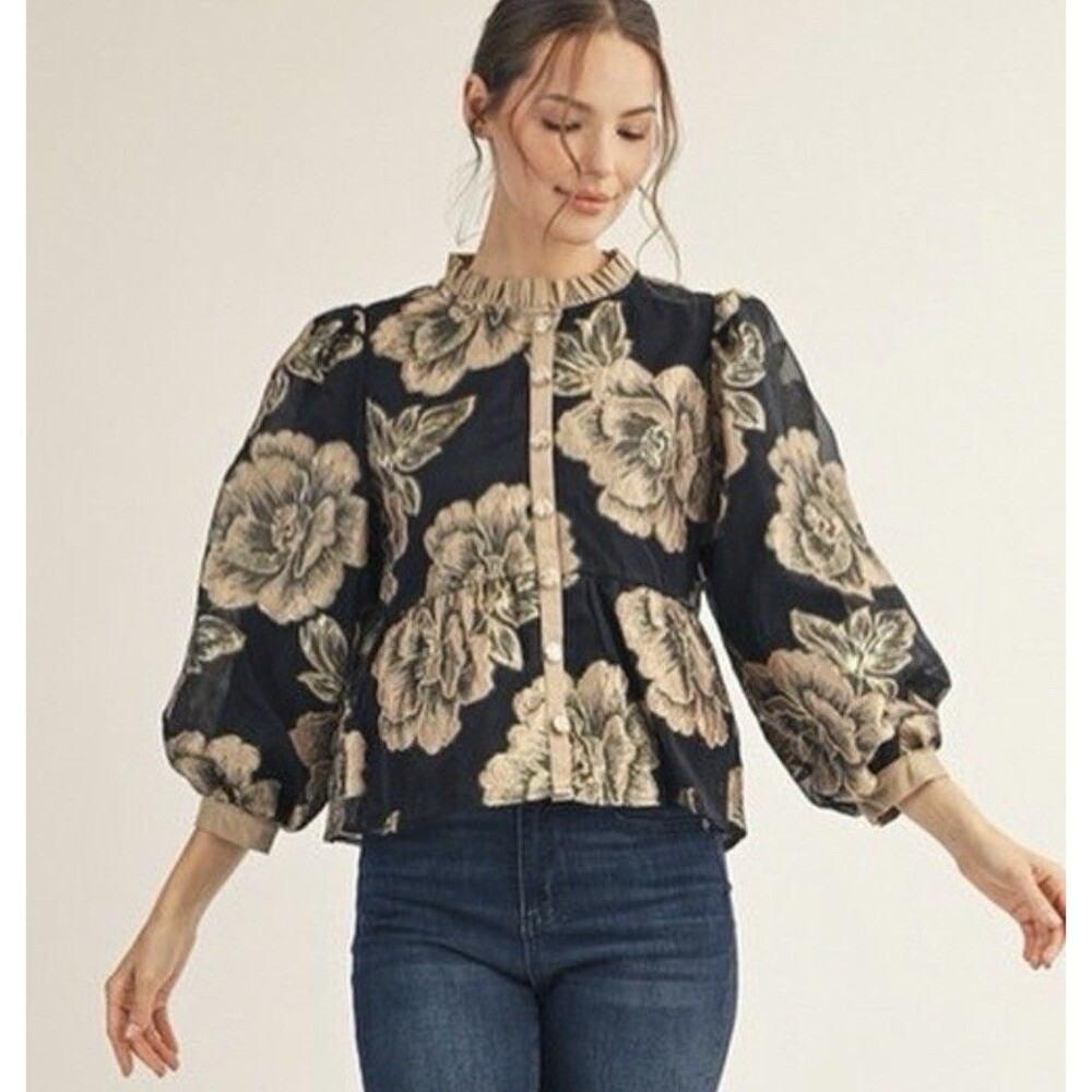 Jodifl Black Metallic Gold Floral Jacquard Puff Balloon Sleeve Peplum Top S New